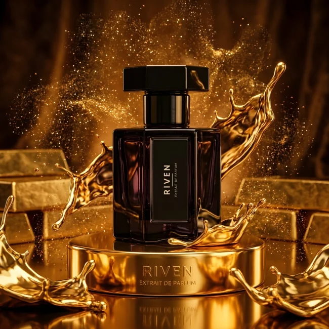 Riven for Men perfume bottle, inspired by One Million, surrounded by blood mandarin, peppermint, grapefruit, cinnamon, rose, amber, leather, patchouli, and white wood accents
