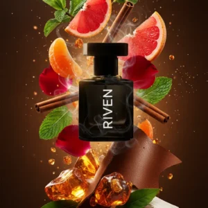 Riven for Men perfume bottle, inspired by One Million, surrounded by blood mandarin, peppermint, grapefruit, cinnamon, rose, amber, leather, patchouli, and white wood accents