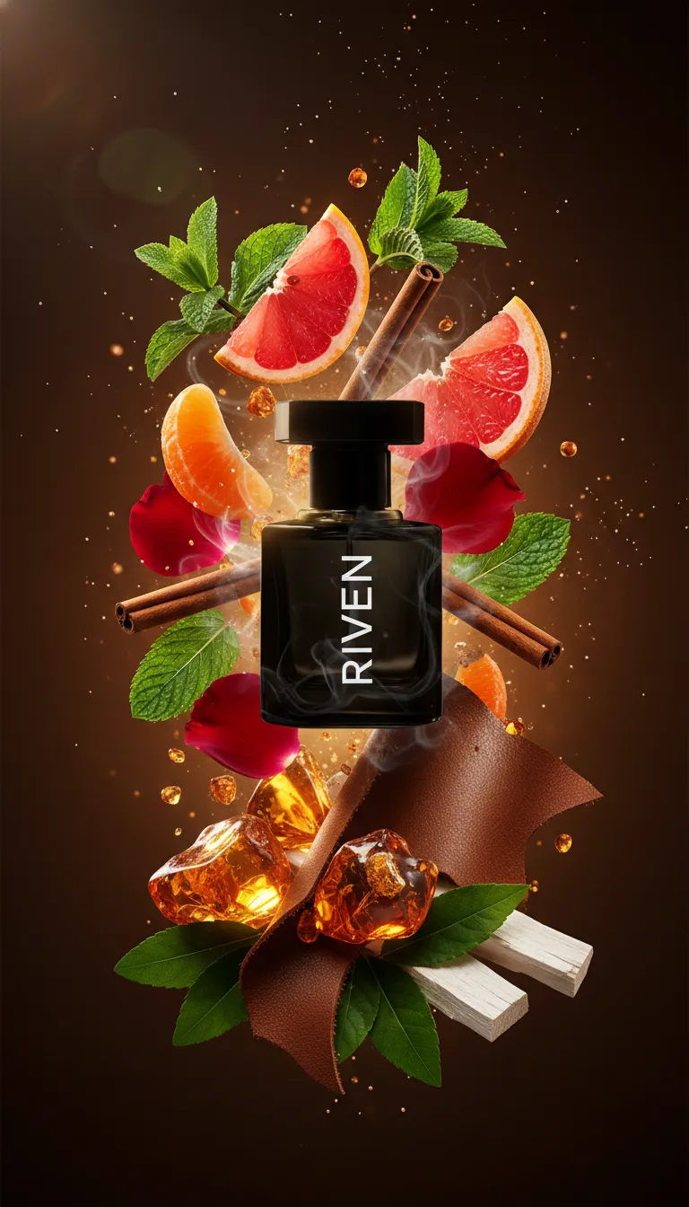 Riven for Men perfume bottle, inspired by One Million, surrounded by blood mandarin, peppermint, grapefruit, cinnamon, rose, amber, leather, patchouli, and white wood accents