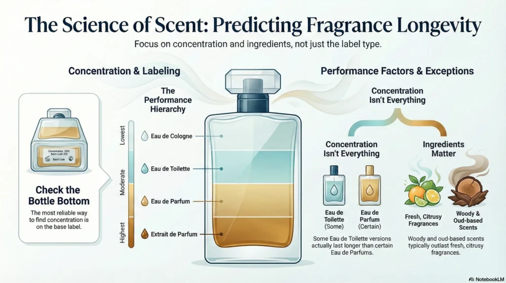 Best Perfume for Men guide by Royal Aroma BD showing fragrance longevity, concentration levels, and ingredient impact for long lasting perfumes