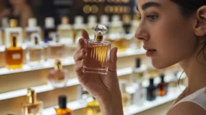 A young woman selecting a perfume bottle from a large collection displayed in front of her, viewed in a close-up zoom perspective.