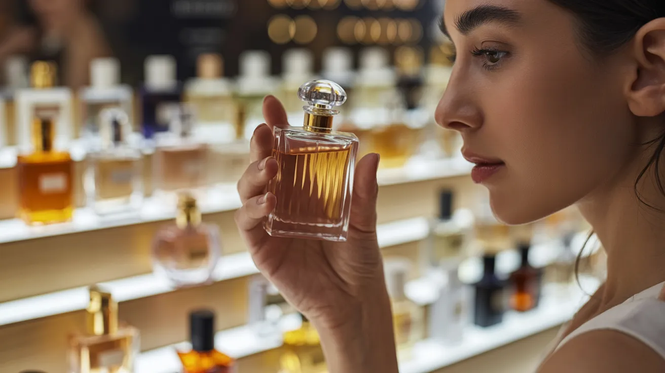 A young woman selecting a perfume bottle from a large collection displayed in front of her, viewed in a close-up zoom perspective.