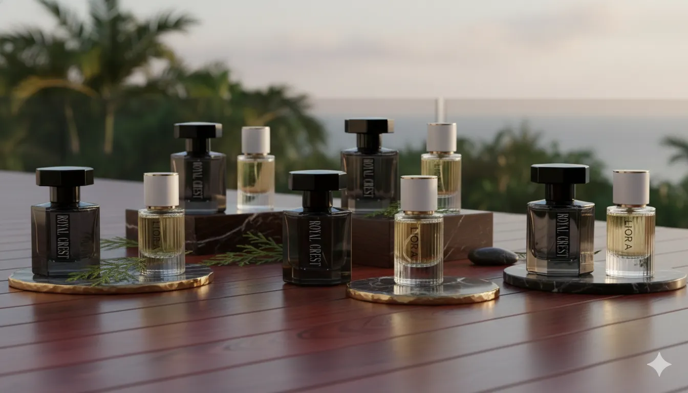 RoyalAromaBD luxury inspired fragrances displayed in sleek glass bottles with golden caps, styled elegantly on a marble surface.